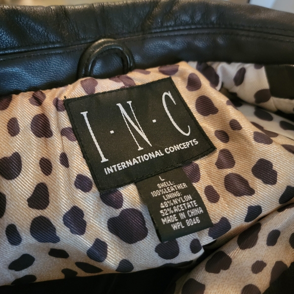INC Leather Mid-length Coat sz L Chocolate Brown w/ Leopard lining - Picture 4 of 8